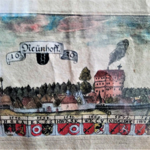Kolorierter Kupferstich Schloss­ansicht mit Wappen der Besitzer