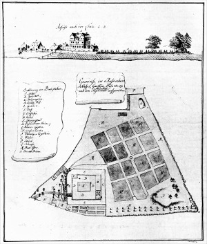 Zeich­nung mit An­sicht und Grund­riss der Schloss­anlage ca. 1800